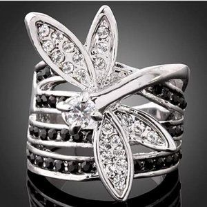 Dragonfly CZ &Black CZ Silvertone Statement Ring